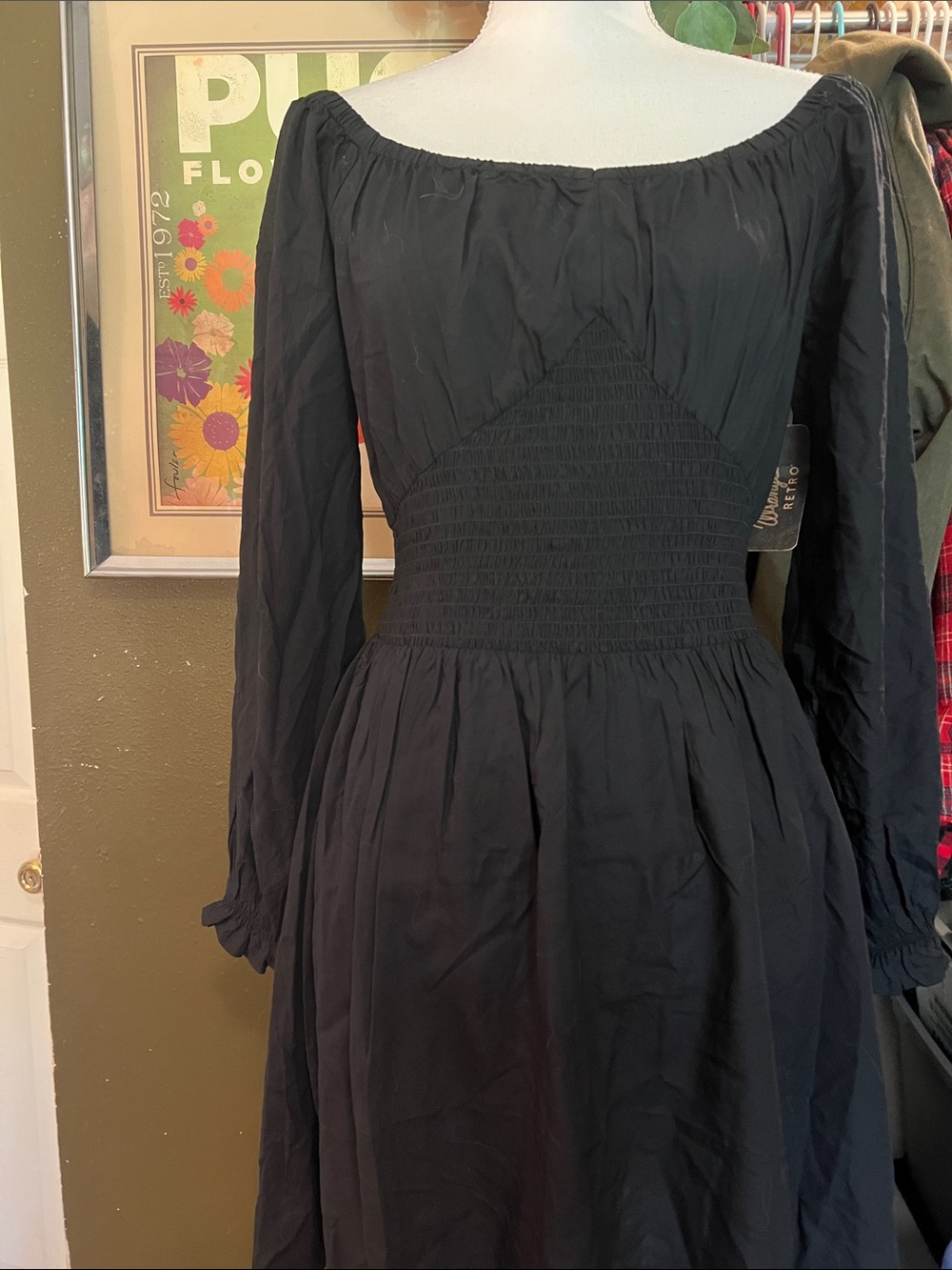 Wrangler Retro Black Long-Sleeve Smocked Waist Dress Mini Dress